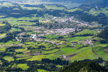 View on town of Furnas, located in the same name a civil parish in the municipality of Povoacao on...