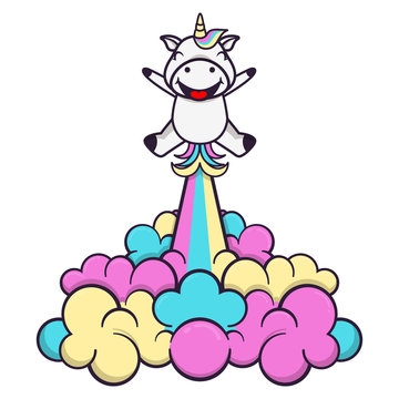 cute little unicorn pony flying with a rainbow fart like a rocket, good for illustrating business development and financial company cartoon vector