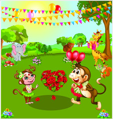 Love theme. marriage anniversary celebrated by animals in forest vector illustration.