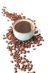 Cup of hot coffee and beans on white background