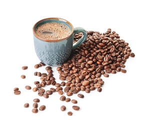 Cup of hot coffee and beans on white background