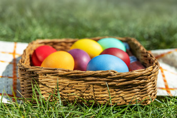 Multi-colored Easter eggs in a basket on the grass with a fog effect, the background is blurred, shallow depth of field, selective focus. Easter holiday concept