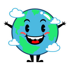 Funny Planet Earth Mascot Characters around the clouds with happy facial expressions Cartoon Vector