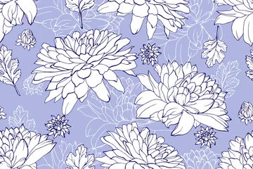 Badkamer foto achterwand Floral seamless pattern with outline flowers chrysanthemum and leaves on blue background. Hand drawn. For textile, fashion, wallpapers, greetings, web pages. Vector illustration. © Irina