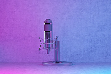 radio station microphone in pink-blue lighting