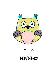 Cute owl in children's cartoon style colorful hand drawing