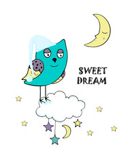 Fototapeta premium Sleeping owl in a nightcap on a cloud with moon stars in a children's cartoon style colorful hand drawing in white