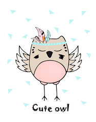 Cute owl in children's cartoon style colorful hand drawing