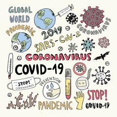 Concept of coronavirus clipart vector illustration. Coronavirus global pandemic illustration. Virus doodles