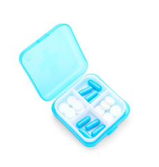 Container with pills on white background