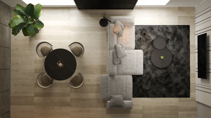 Top view Black minimalist Interior of modern living room 3D rendering - 335751378