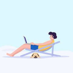 Obraz premium Remote working concept, A man working with laptop on the beach. Vector