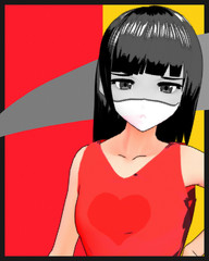 Anime Girl Cartoon Character wearing Face Mask to prevent Coronavirus COVID-19. Japanese Girl with Comic Effect with a smile and Background it's Anime Manga Girl from Japan