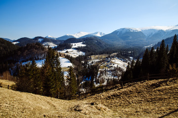 Colorful spring landscape in the higest Carpathian mountain region, village Bystrets