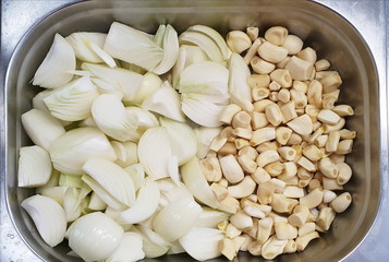 Onions and garlic heads close up
