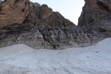 Snow field and start of via ferrata Sentiero Brentari in Brenta Dolomites mountains, Italy