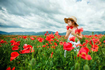 Cute child girl in poppy field