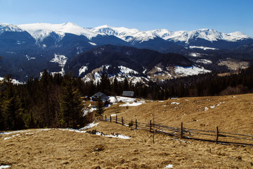 Colorful spring landscape in the higest Carpathian mountain region, village Bystrets