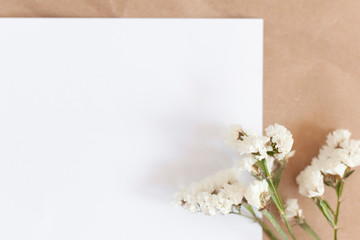 White paper and white flower on craft paper