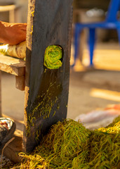 .Antique cut tobacco into strips for further exposure in the sun in Thailand.