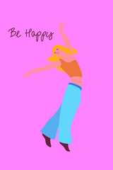 Creative illustration of a girl for Happy Women's Day celebration. A woman dances alone enjoys life. Vector flat concept of freedom, happiness, relaxing.