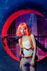 Sci-fi girl near the air shaft on the starship. Red hair.