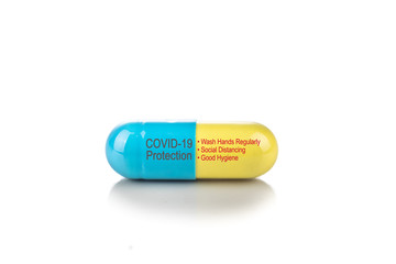Conceptual Covid-19 protection capsule with wash hands, social distance and hygiene advisory message