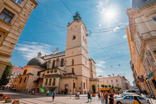LVIV, UKRAINE - APRIL 16, 2020: Latin Cathedral in Lviv