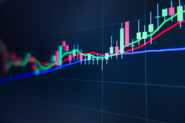 Stock market trading graph and candlestick chart on screen monitor background. Financial investment and economic concept.