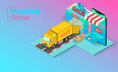Shopping online on Website or Mobile Application with credit cart. Shopping cart with Fast delivery by truck. isometric flat vector design