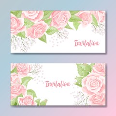 Set of two cards for wedding invitation, birthday greeting with rose flowers