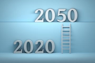 Simple concept illustration of far future. Transition from year 2020 to 2050. Climbing by ladder to year 2050. 3d illustration.