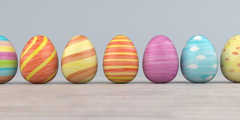 Colored easter eggs on the wooden background. 3d illustration.