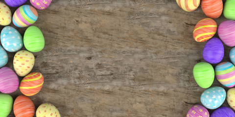 Colored easter eggs on the wooden background. 3d illustration.