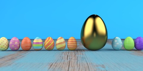 Colored easter eggs on the wooden background. 3d illustration.