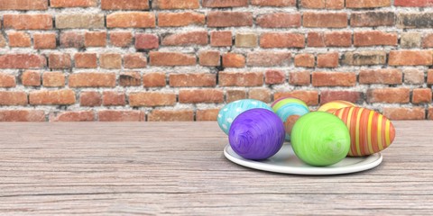 Colored easter eggs on the wooden table and brick wall in the background. 3d illustration.