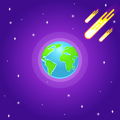 Vector illustration of attack burning exploding asteroids approaches to surface of planet on universe background