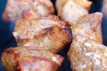 grilled meat on coals close-up selective focus. Cooking outdoors. Meat shrouded in smoke from the grill.