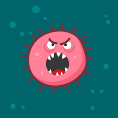 Medical illustration of angry virus character in flat style. Microbiology. Design element for poster, infographic, banner, card, flyer, brochure. Vector illustration