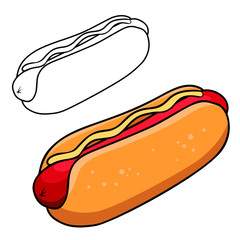 illustration of hot dog in engraving style. Design element for poster, label, sign, emblem, menu. Vector illustration