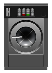 A vector illustration of a brushed metal industrial washing machine on an isolated white studio background