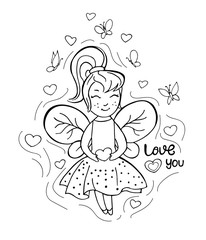 Little fairy with a heart outlined for coloring page. Love you. Vector illustration of cute girl. Print