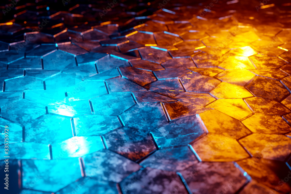Poster blue and orange glowing hexagons background pattern on textured metallic surface 3d rendering