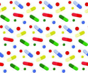 Bright vector pattern with red, green, blue and yellow pills. Medical print for textile, covers, web, posters.