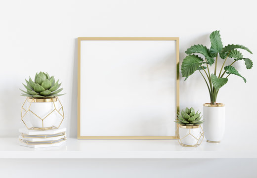 Frame leaning on white shelve in bright interior with plants and decorations mockup 3D rendering