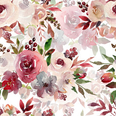 Watercolor seamless pattern with boho flowers. Burgundy roses and leaves. Vintage wallpapers. Best for prints, scrapbooking, fabric, bedding textile, wrapping paper, giftboxes. Hand painted retro