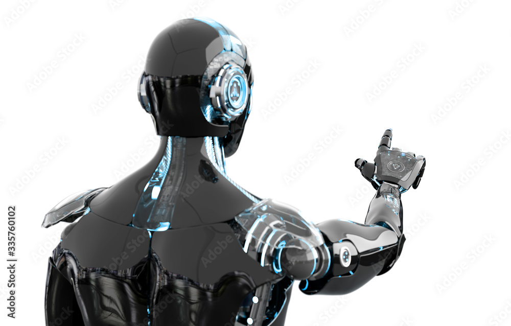 Poster Black and blue intelligent robot cyborg pointing finger on white 3D rendering
