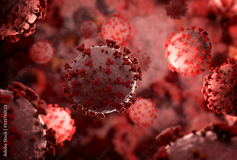 Poster microscope close-up of the coronavirus covid-19 disease. 2019-ncov spreading in body. 3d rendering o