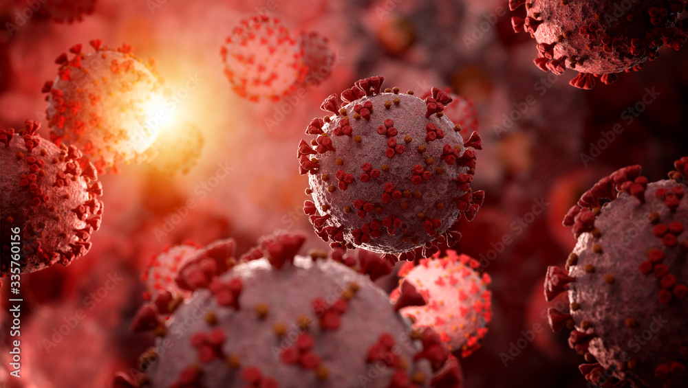 Poster microscope close-up of the coronavirus covid-19 disease. 2019-ncov spreading in body. 3d rendering o