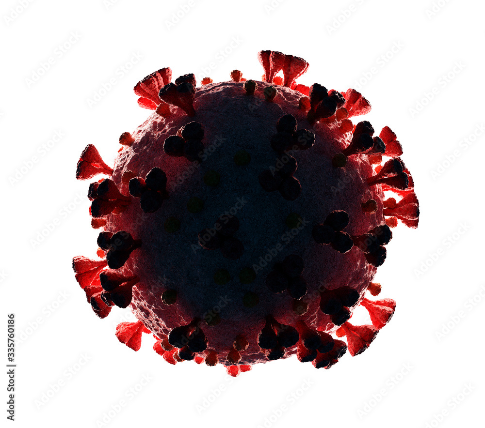 Poster 3D rendering of the coronavirus on a microscopic level isolated on white background. Microscope close-up of the covid-19 disease. 2019-nCoV virus